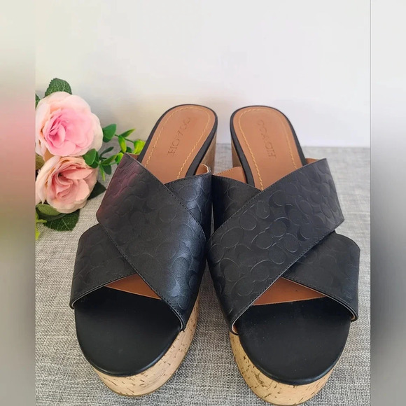 Coach Shoes - Coach Espadrilles size 10B Cork Wedge‎ Slide Sandals Logo Cross Band  Black